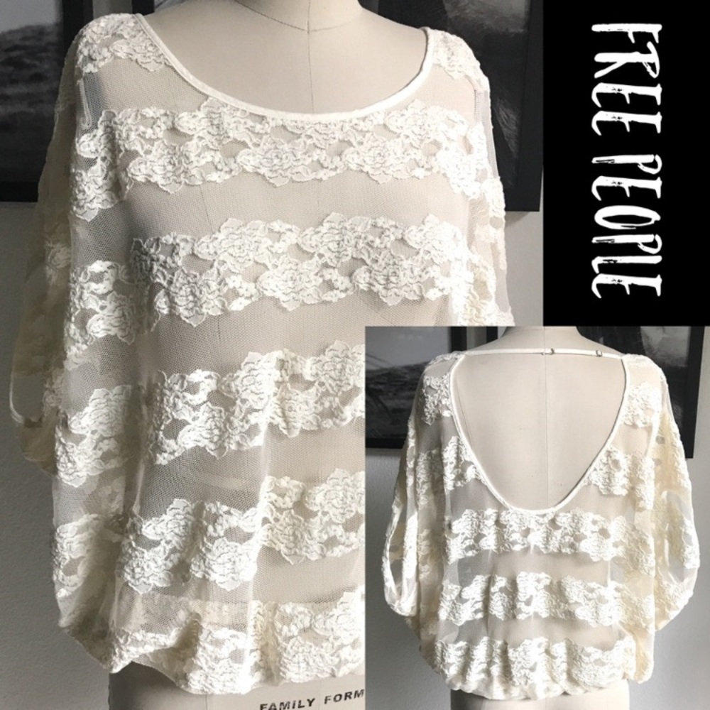 Free People S County Fair Lace Stripe Bat Wing Cream Ivory Blouse Top Back Strap